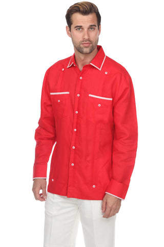 Mojito Men's Guayabera Shirt Long Sleeve 100% Linen with Stylish Polka Dot Print Trim - Mojito Collection - Guayabera, Long Sleeve Shirt, Mens Shirt, Mojito Guayabera Shirt