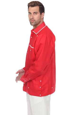 Mojito Men's Guayabera Shirt Long Sleeve 100% Linen with Stylish Polka Dot Print Trim - Mojito Collection - Guayabera, Long Sleeve Shirt, Mens Shirt, Mojito Guayabera Shirt