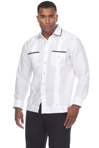 Mojito Men's Guayabera Shirt Long Sleeve 100% Linen with Stylish Polka Dot Print Trim - Mojito Collection - Guayabera, Long Sleeve Shirt, Mens Shirt, Mojito Guayabera Shirt