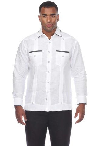 Mojito Men's Guayabera Shirt Long Sleeve 100% Linen with Stylish Polka Dot Print Trim - Mojito Collection - Guayabera, Long Sleeve Shirt, Mens Shirt, Mojito Guayabera Shirt