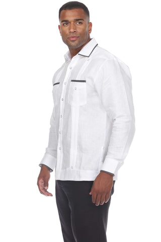 Mojito Men's Guayabera Shirt Long Sleeve 100% Linen with Stylish Polka Dot Print Trim - Mojito Collection - Guayabera, Long Sleeve Shirt, Mens Shirt, Mojito Guayabera Shirt