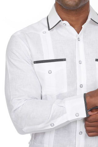 Mojito Men's Guayabera Shirt Long Sleeve 100% Linen with Stylish Polka Dot Print Trim - Mojito Collection - Guayabera, Long Sleeve Shirt, Mens Shirt, Mojito Guayabera Shirt