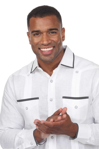Mojito Men's Guayabera Shirt Long Sleeve 100% Linen with Stylish Polka Dot Print Trim - Mojito Collection - Guayabera, Long Sleeve Shirt, Mens Shirt, Mojito Guayabera Shirt