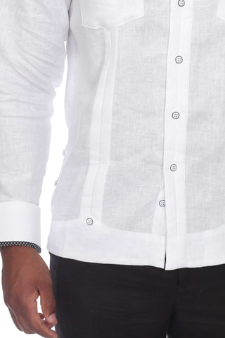Mojito Men's Guayabera Shirt Long Sleeve 100% Linen with Stylish Polka Dot Print Trim - Mojito Collection - Guayabera, Long Sleeve Shirt, Mens Shirt, Mojito Guayabera Shirt