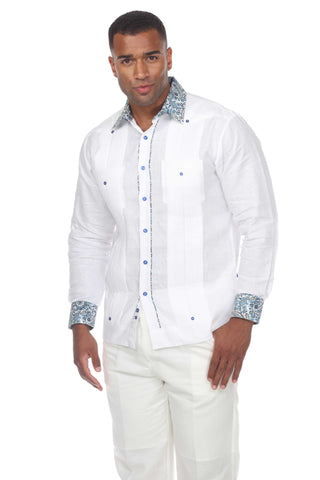 Mojito Men's Guayabera Shirt Long Sleeve 100% Linen with Stylish Paisley Print Trim - Mojito Collection - Guayabera, Long Sleeve Shirt, Mens Shirt, Mojito Guayabera Shirt