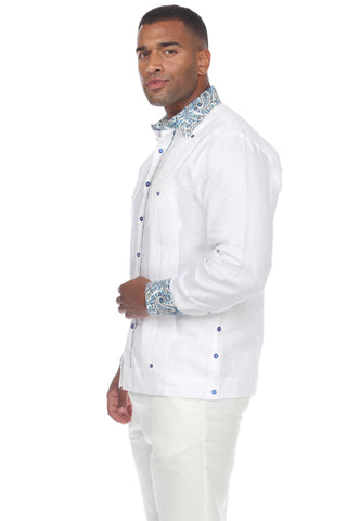 Mojito Men's Guayabera Shirt Long Sleeve 100% Linen with Stylish Paisley Print Trim - Mojito Collection - Guayabera, Long Sleeve Shirt, Mens Shirt, Mojito Guayabera Shirt