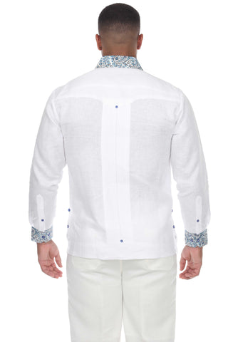 Mojito Men's Guayabera Shirt Long Sleeve 100% Linen with Stylish Paisley Print Trim - Mojito Collection - Guayabera, Long Sleeve Shirt, Mens Shirt, Mojito Guayabera Shirt