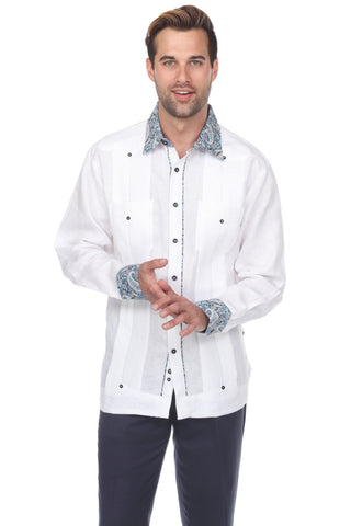 Mojito Men's Guayabera Shirt Long Sleeve 100% Linen with Stylish Paisley Print Trim - Mojito Collection - Guayabera, Long Sleeve Shirt, Mens Shirt, Mojito Guayabera Shirt