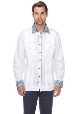 Mojito Men's Guayabera Shirt Long Sleeve 100% Linen with Stylish Paisley Print Trim - Mojito Collection - Guayabera, Long Sleeve Shirt, Mens Shirt, Mojito Guayabera Shirt