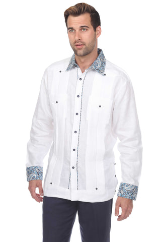 Mojito Men's Guayabera Shirt Long Sleeve 100% Linen with Stylish Paisley Print Trim - Mojito Collection - Guayabera, Long Sleeve Shirt, Mens Shirt, Mojito Guayabera Shirt