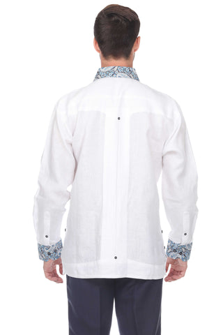 Mojito Men's Guayabera Shirt Long Sleeve 100% Linen with Stylish Paisley Print Trim - Mojito Collection - Guayabera, Long Sleeve Shirt, Mens Shirt, Mojito Guayabera Shirt