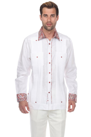 Mojito Men's Guayabera Shirt Long Sleeve 100% Linen with Stylish Paisley Print Trim - Mojito Collection - Guayabera, Long Sleeve Shirt, Mens Shirt, Mojito Guayabera Shirt