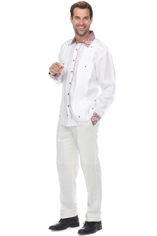 Mojito Men's Guayabera Shirt Long Sleeve 100% Linen with Stylish Paisley Print Trim - Mojito Collection - Guayabera, Long Sleeve Shirt, Mens Shirt, Mojito Guayabera Shirt