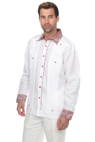 Mojito Men's Guayabera Shirt Long Sleeve 100% Linen with Stylish Paisley Print Trim - Mojito Collection - Guayabera, Long Sleeve Shirt, Mens Shirt, Mojito Guayabera Shirt