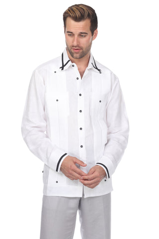 Mojito Men's Guayabera Shirt Long Sleeve 100% Linen with Stylish Stripe Trim - Mojito Collection - Guayabera, Long Sleeve Shirt, Mens Shirt, Mojito Guayabera Shirt