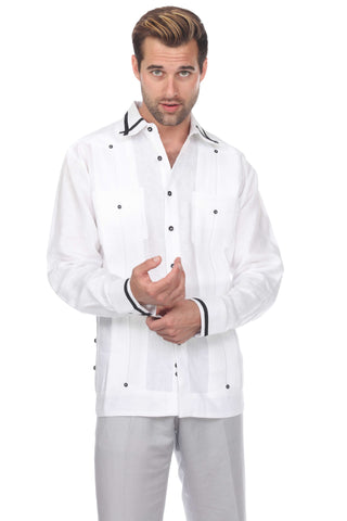 Mojito Men's Guayabera Shirt Long Sleeve 100% Linen with Stylish Stripe Trim - Mojito Collection - Guayabera, Long Sleeve Shirt, Mens Shirt, Mojito Guayabera Shirt