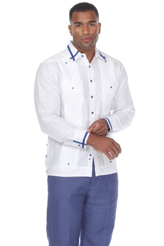 Mojito Men's Guayabera Shirt Long Sleeve 100% Linen with Stylish Stripe Trim - Mojito Collection - Guayabera, Long Sleeve Shirt, Mens Shirt, Mojito Guayabera Shirt