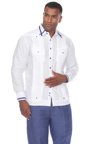 Mojito Men's Guayabera Shirt Long Sleeve 100% Linen with Stylish Stripe Trim - Mojito Collection - Guayabera, Long Sleeve Shirt, Mens Shirt, Mojito Guayabera Shirt