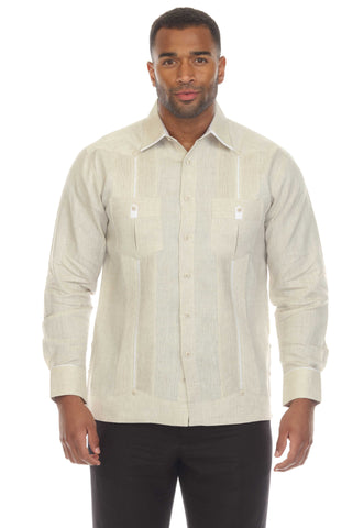 Mojito Men's 100% Linen Guayabera Shirt Long Sleeve with Solid Color Trim Accent