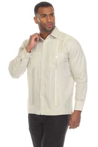 Mojito Men's 100% Linen Guayabera Shirt Long Sleeve with Solid Color Trim Accent