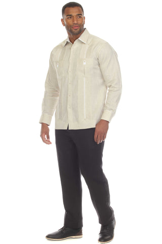 Mojito Men's 100% Linen Guayabera Shirt Long Sleeve with Solid Color Trim Accent