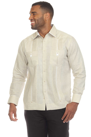Mojito Men's 100% Linen Guayabera Shirt Long Sleeve with Solid Color Trim Accent