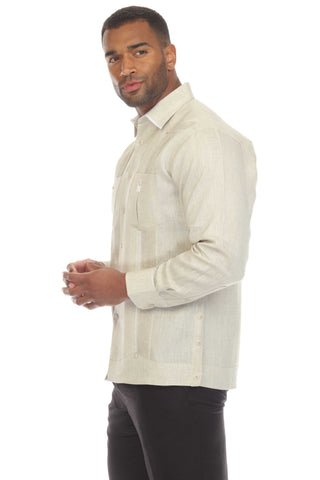 Mojito Men's 100% Linen Guayabera Shirt Long Sleeve with Solid Color Trim Accent