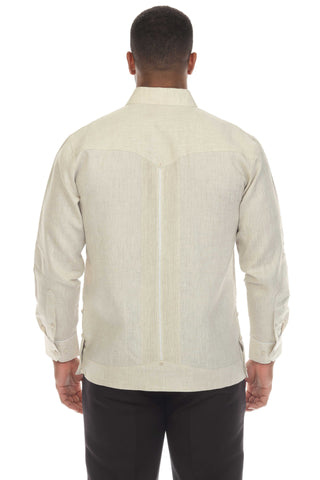 Mojito Men's 100% Linen Guayabera Shirt Long Sleeve with Solid Color Trim Accent