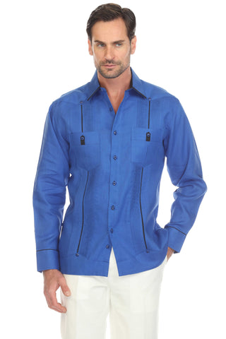 Mojito Men's 100% Linen Guayabera Shirt Long Sleeve with Solid Color Trim Accent