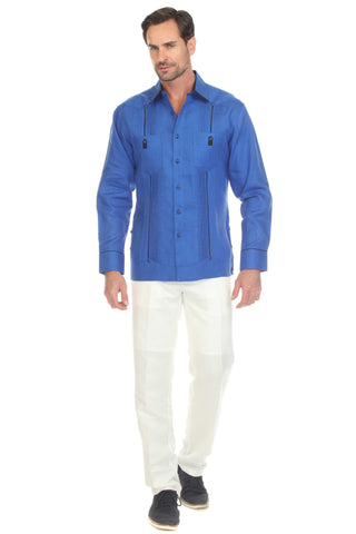 Mojito Men's 100% Linen Guayabera Shirt Long Sleeve with Solid Color Trim Accent