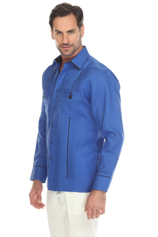 Mojito Men's 100% Linen Guayabera Shirt Long Sleeve with Solid Color Trim Accent