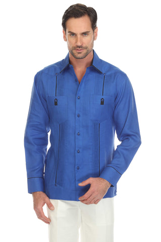 Mojito Men's 100% Linen Guayabera Shirt Long Sleeve with Solid Color Trim Accent