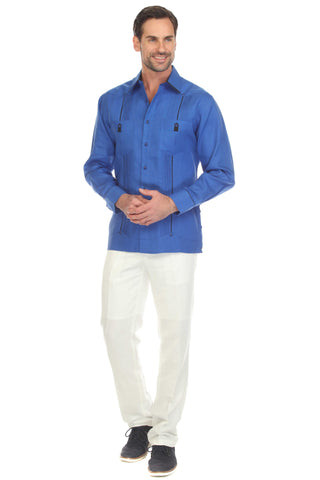 Mojito Men's 100% Linen Guayabera Shirt Long Sleeve with Solid Color Trim Accent