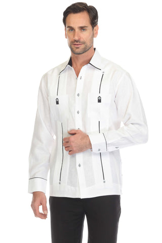 Mojito Men's 100% Linen Guayabera Shirt Long Sleeve with Solid Color Trim Accent