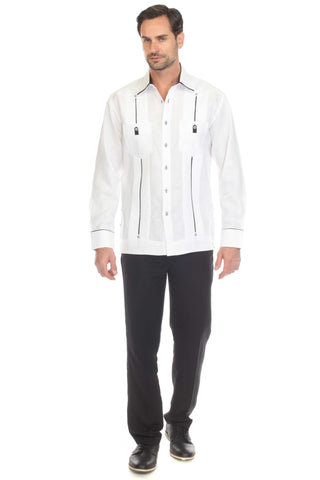 Mojito Men's 100% Linen Guayabera Shirt Long Sleeve with Solid Color Trim Accent