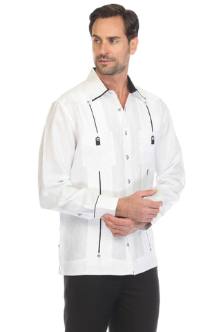 Mojito Men's 100% Linen Guayabera Shirt Long Sleeve with Solid Color Trim Accent