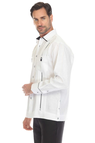 Mojito Men's 100% Linen Guayabera Shirt Long Sleeve with Solid Color Trim Accent