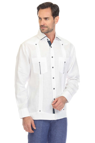 Mojito Men's 100% Linen Guayabera Shirt Long Sleeve with Solid Color Trim Accent