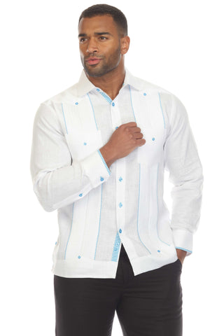 Mojito Men's 100% Linen Guayabera Shirt Long Sleeve with Print Trim Accent - Mojito Collection - Guayabera, Long Sleeve Shirt, Mens Shirt, Mojito Guayabera Shirt