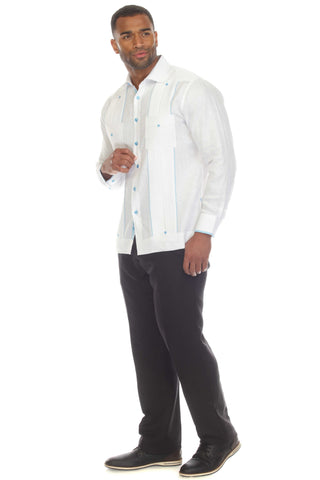 Mojito Men's 100% Linen Guayabera Shirt Long Sleeve with Print Trim Accent - Mojito Collection - Guayabera, Long Sleeve Shirt, Mens Shirt, Mojito Guayabera Shirt