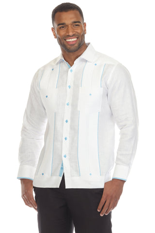 Mojito Men's 100% Linen Guayabera Shirt Long Sleeve with Print Trim Accent