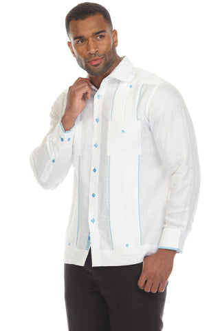 Mojito Men's 100% Linen Guayabera Shirt Long Sleeve with Print Trim Accent