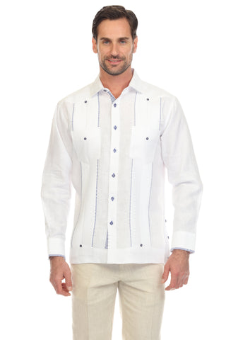 Mojito Men's 100% Linen Guayabera Shirt Long Sleeve with Print Trim Accent