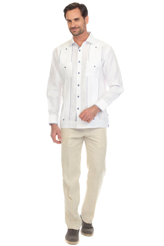 Mojito Men's 100% Linen Guayabera Shirt Long Sleeve with Print Trim Accent