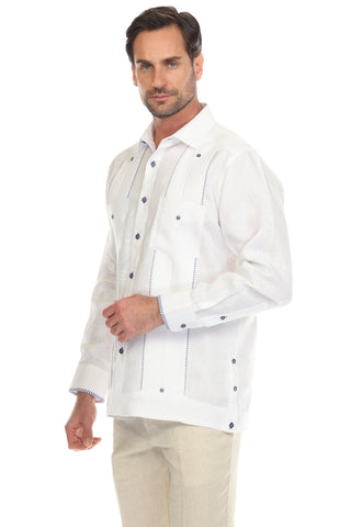 Mojito Men's 100% Linen Guayabera Shirt Long Sleeve with Print Trim Accent