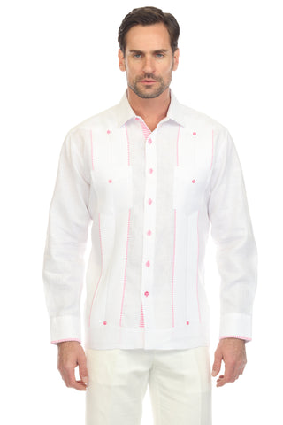 Mojito Men's 100% Linen Guayabera Shirt Long Sleeve with Print Trim Accent