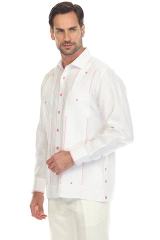 Mojito Men's 100% Linen Guayabera Shirt Long Sleeve with Print Trim Accent