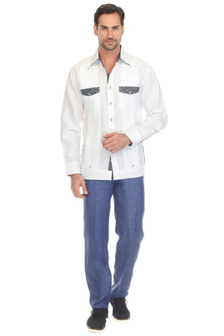 Mojito Men's 100% Linen Guayabera Shirt Long Sleeve with Print Trim Accent - Mojito Collection - Guayabera, Long Sleeve Shirt, Mens Shirt, Mojito Guayabera Shirt