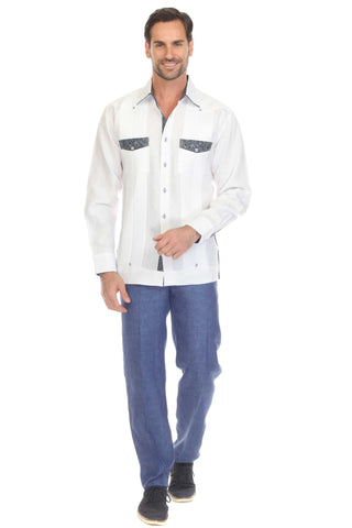 Mojito Men's 100% Linen Guayabera Shirt Long Sleeve with Print Trim Accent