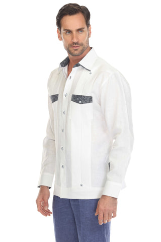 Mojito Men's 100% Linen Guayabera Shirt Long Sleeve with Print Trim Accent